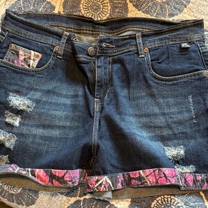 Denim Distressed Women’s Shorts with Pink Camo Trim